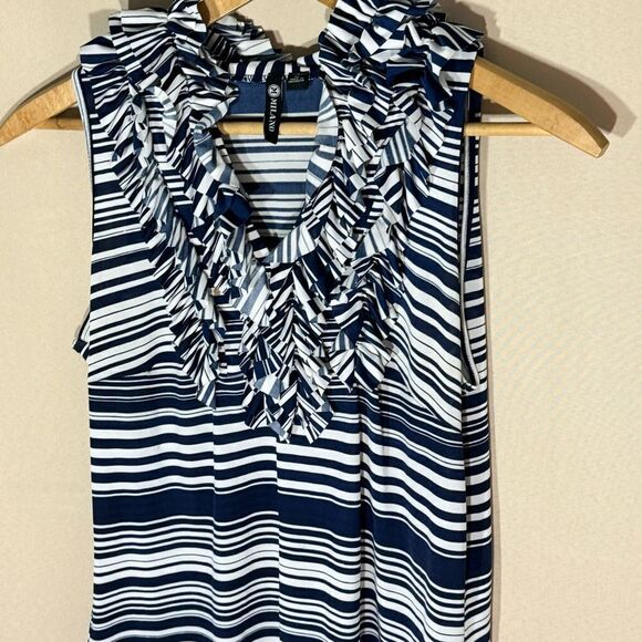 Milano Blue White Striped Sleeveless Frills Ruffled Neck Top Size M - Picture 6 of 12